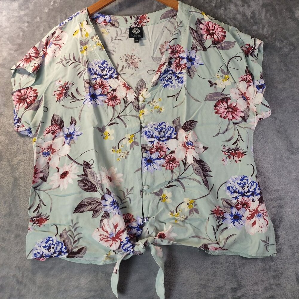 Bobeau Womens Button Front Tie Hem Top Small Green Floral Print Boho Cottagecore
